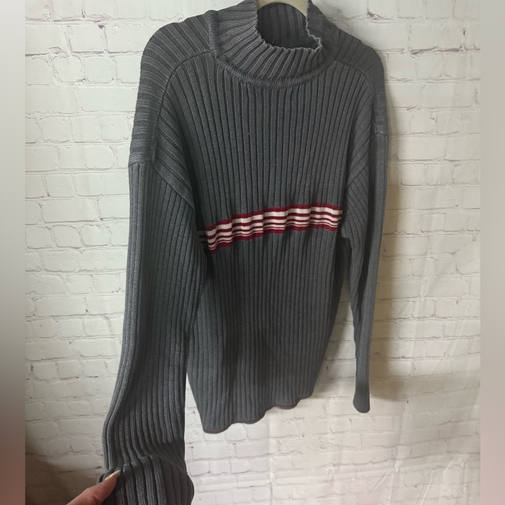 Bullhead Ribbed Mock Neck Sweater XL – Gray Knit with Red/White Stripe - Picture 4 of 4
